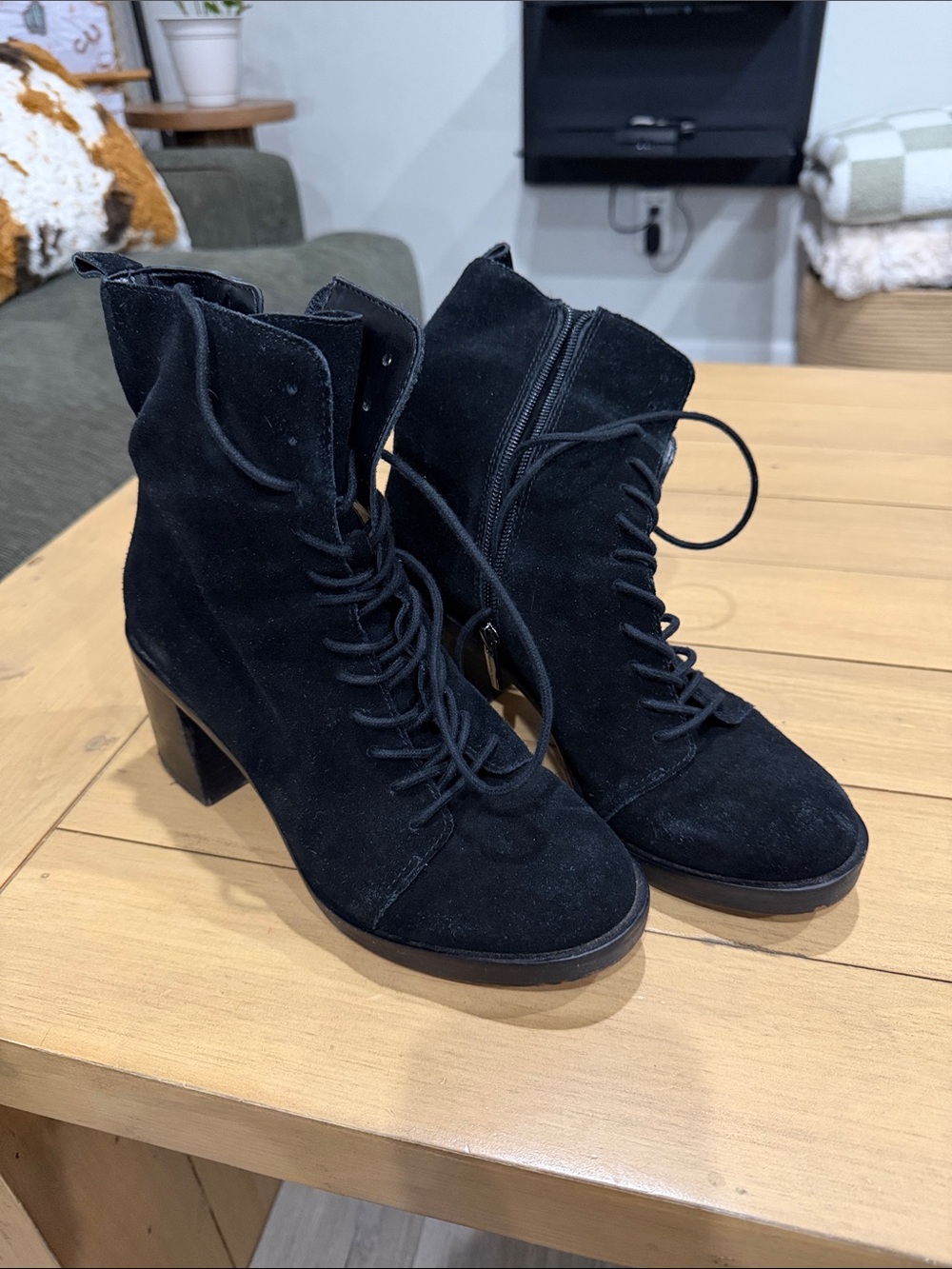 Vince Camuto Black Lace-Up Suede Block Heel Ankle Boots